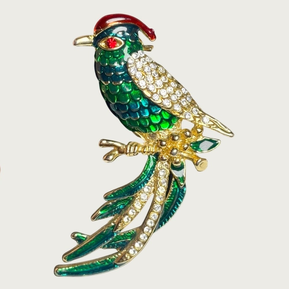 Vtg Parrot Brooch Green Gold Enamel Rhinestone Tropical Bird Ornate Pin Art Deco